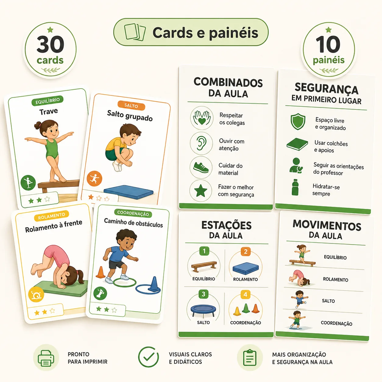 Materiais visuais com 30 cards e 10 painéis